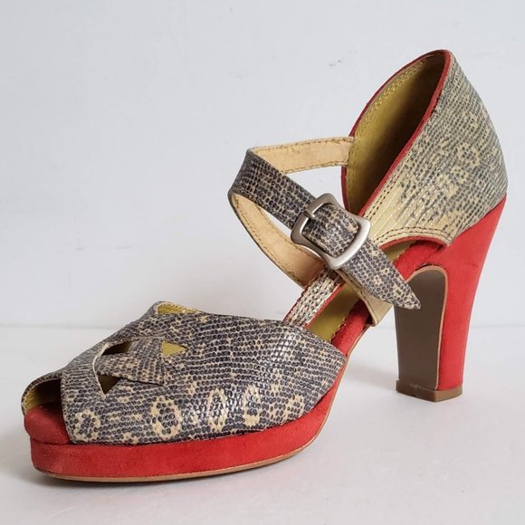 FARYLROBIN Leather Snakeskin Coral Red Suede Peep Toe Heels Anthropologie - Picture 1 of 15